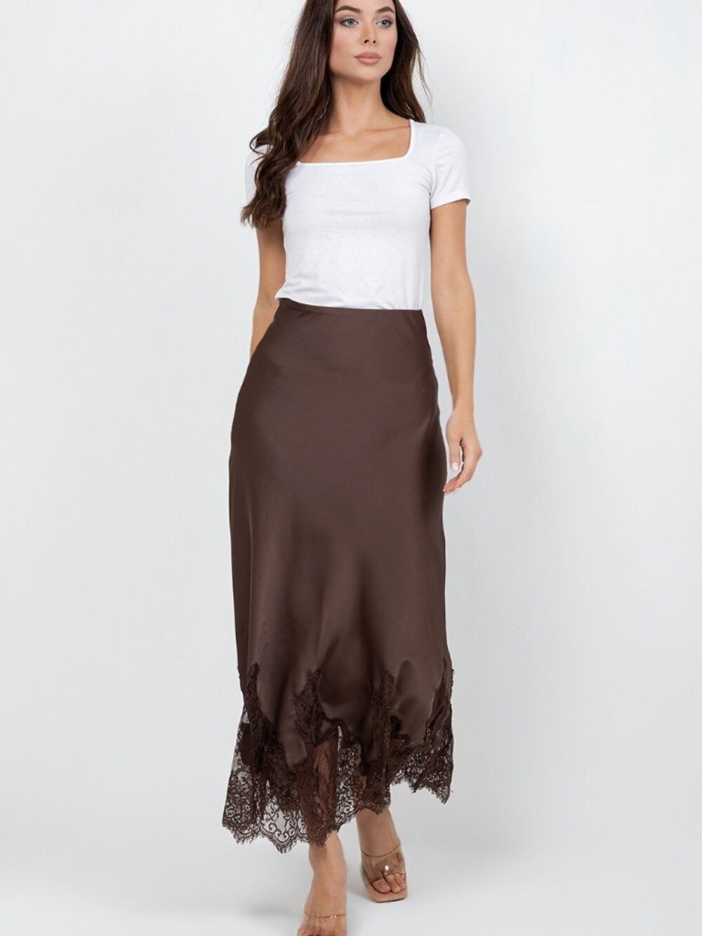 Drops 10/1 Brown Satin Maxi Skirt with Lace Trim